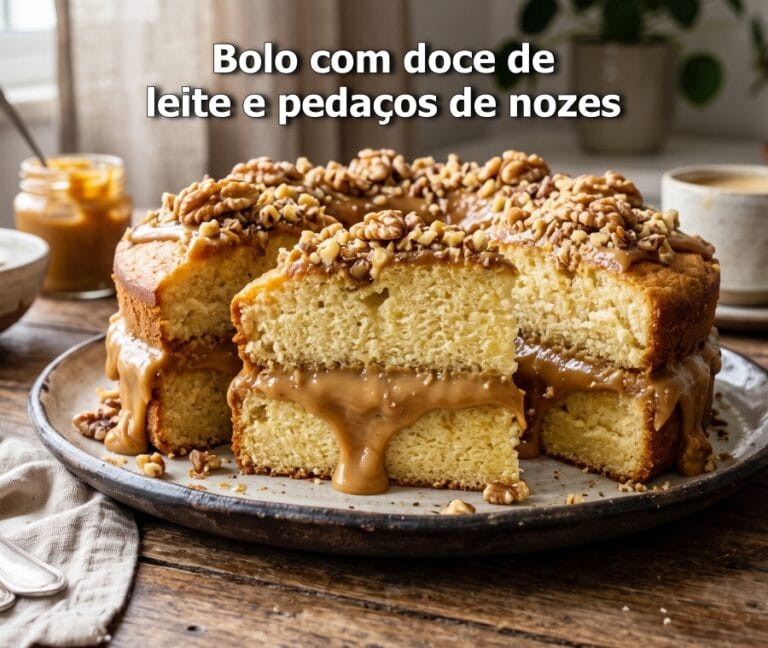 receita de bolo de nozes com doce de leite e pedaços de nozes